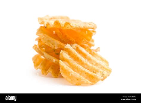 Crinkle Cut Potato Chips Isolated On White Background Pile Of Tasty