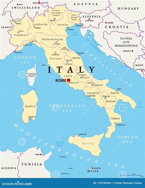 Italia Mapa Político Regiones Y Divisiones Administrativas Ilustración