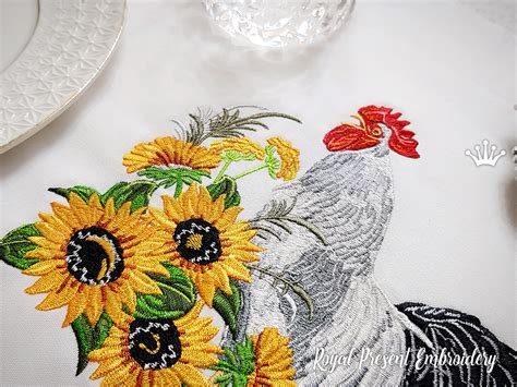 Rooster In A Thicket Of Sunflowers Machine Embroidery Design 5 Sizes