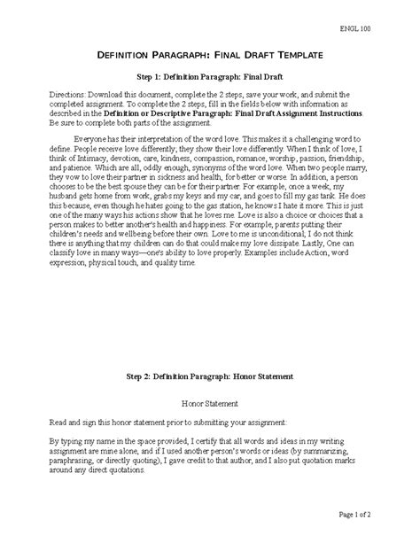 Definition Paragraph Final Draft Template ENGL 100 DEFINITION