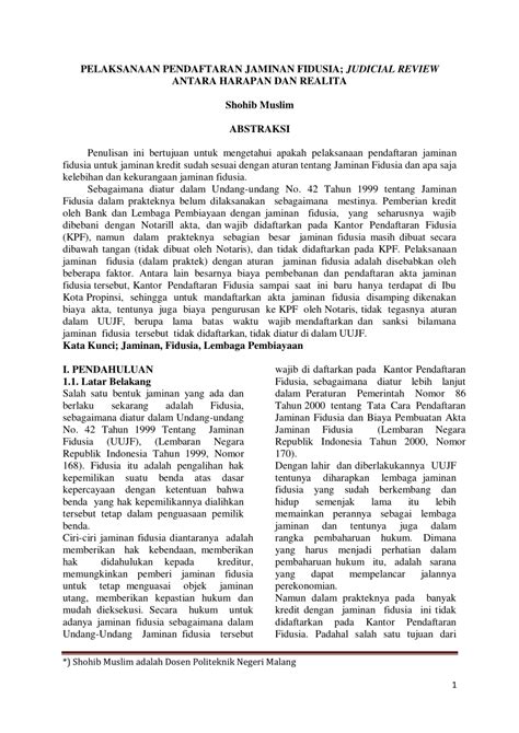 Pdf Pelaksanaan Pendaftaran Jaminan Fidusia Judicial Review Antara