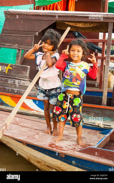 Cambodia Siem Reap Little Girls On A Boat Editorial Use Only Stock