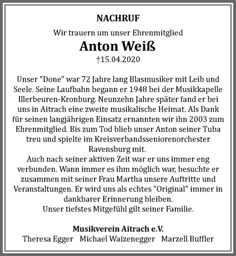 Traueranzeigen Von Anton Wei Allg Uer Zeitung