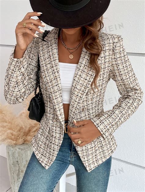 Shein Frenchy Plaid Double Breasted Tweed Blazer Shein Uk