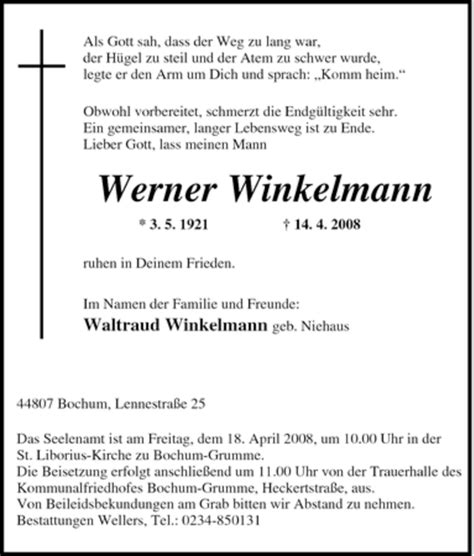 Traueranzeigen Von Werner Winkelmann Trauer In NRW De