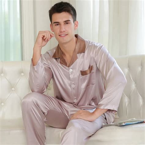 Sexy Faux Silk Men Pajamas Fashion Simple Ice Silk Sleepwear Male Pure