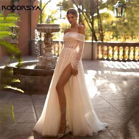 Roddrsya Vestido De Novia Sin Tirantes Con Purpurina Tul Con Abertura