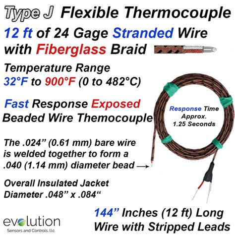 Type J Flexible Thermocouple With Exposed Junction With 12ft Lead Wire Evolution Sensors And