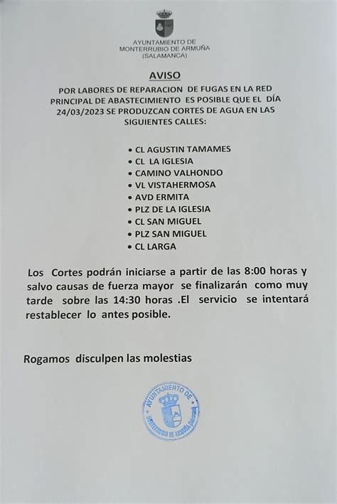 Aviso Cortes De Agua Monterrubio