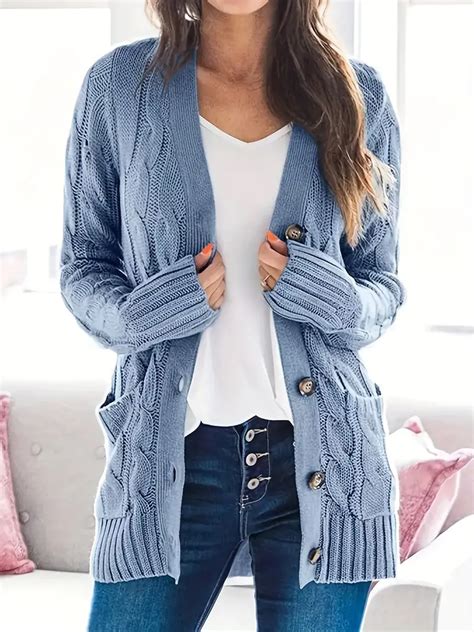 Cable Knit Button Front Cardigan Casual Long Sleeve Cardigan Temu