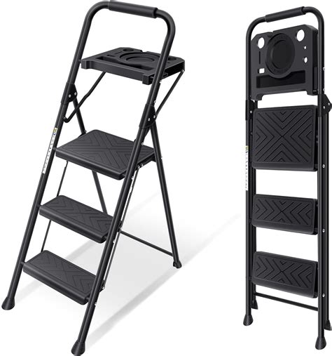 KINGRACK 3 Step Ladder With Tool Tray Step Stool Folding With Anti