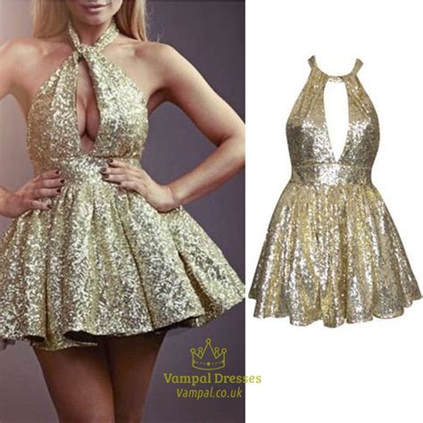 Gold Keyhole Front Halter Backless Sequin Short Homecoming Dress