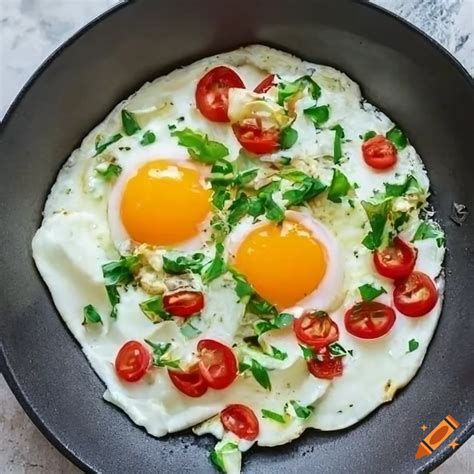 Fried Egg In A Pan With Onion Tomato And Seasoning On Craiyon