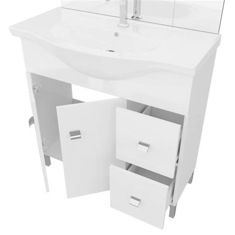 Mobile Bagno A Terra 85 Cm Creta Bianco Lucido Con Lavabo E Specchio