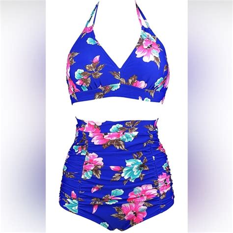 Cocoship Swim Cocoship Retro S Black Pink Blue Floral Halter High