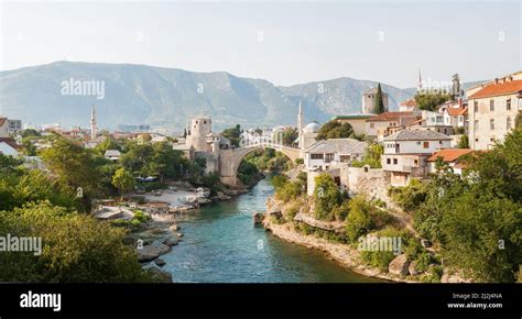 Mostar Bosnia And Herzegovina Stari Most Bridge At Sunny Day In Old