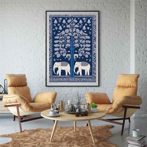 Indian Kalamkari Painting Set Of 4 Blue Elephant Indian Art Living