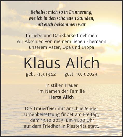 Traueranzeigen Von Klaus Alich Abschied Nehmen De