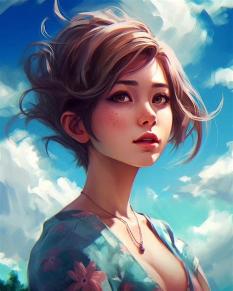 Premium Ai Image A Girl With Short Hair And A Blue Dress Stands In