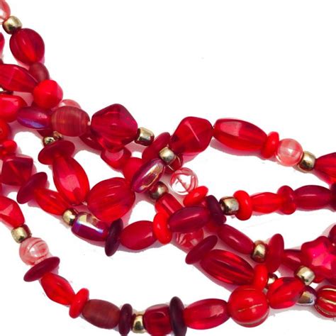 Multi Strand Red Toned Luster Glass Bead Necklace Adornments By Loretta