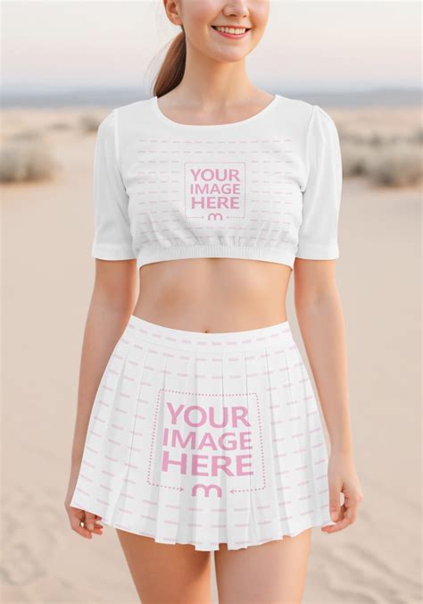 Mini Skirt And Crop Top Mockup Generator On Young Model At The Beach Mediamodifier