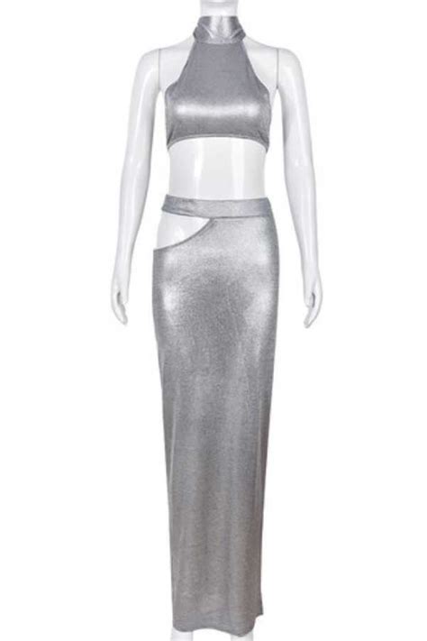 Sexy Metallic Silver Maxi Skirt Set Reflex Garments