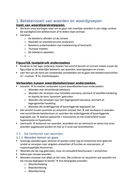 Samenvatting Nederlands Taalbeschouwing Betekenissen Van Woorden