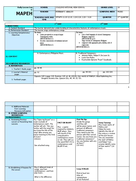 Grade 10 Dll Mapeh 3rd Quarter Pdf Free Pdf Learning Teachers