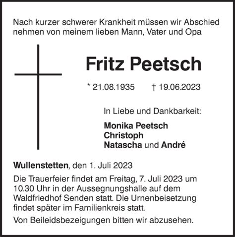 Traueranzeigen Von Fritz Peetsch S Dwest Presse Trauer