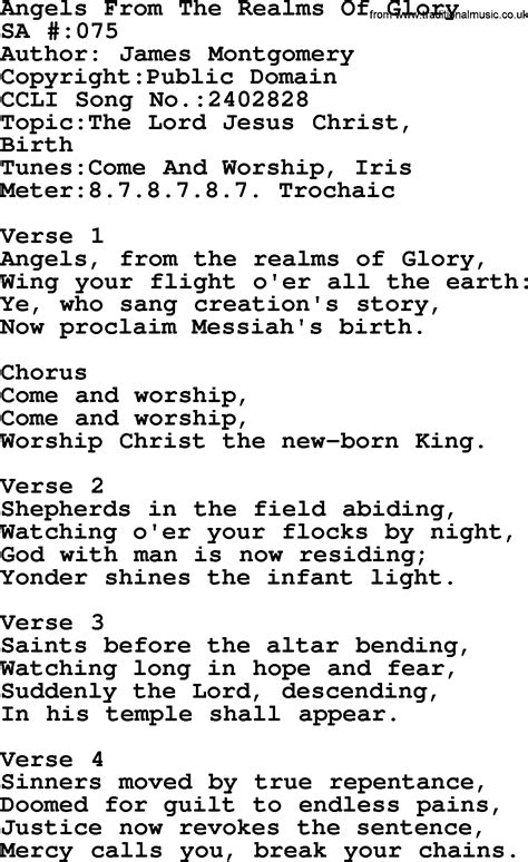 Salvation Army Hymnal Song Angels From The Realms Of Glory With