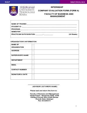 Fillable Online Fbm Uitm Edu Form A Company Evaluation Form Faculty