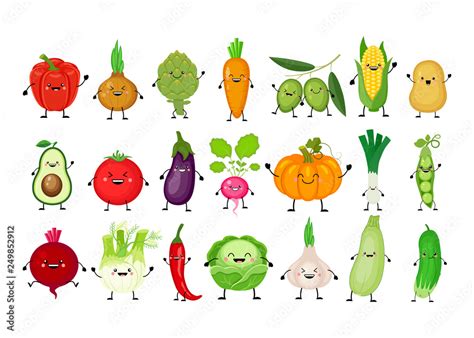 Funny Cartoon Set Of Different Vegetables Kawaii Vegetables Smiling