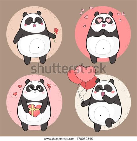 Set Of A Cute Panda Bear Sticker In Various Poses Panda Character In Love