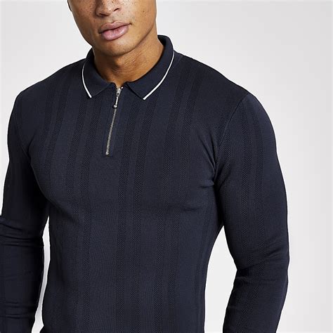 Navy Muscle Fit Half Zip Knitted Polo Shirt River Island