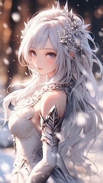 Premium Photo | Anime girl with long white hair and a white dress in ...