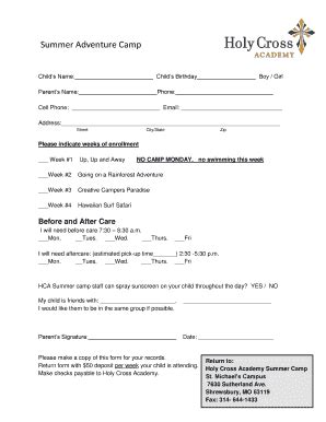 Fillable Online Holycross Stl Summer Camp Registration Form Holy