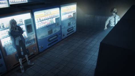 Two People Standing Next To Vending Machines In A Dark Room With Tile