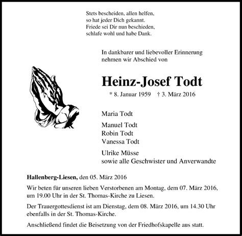 Traueranzeigen Von Heinz Josef Todt Trauer In NRW De