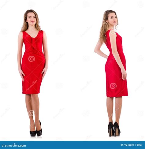 A Jovem Mulher No Vestido Vermelho Isolado No Branco Foto De Stock