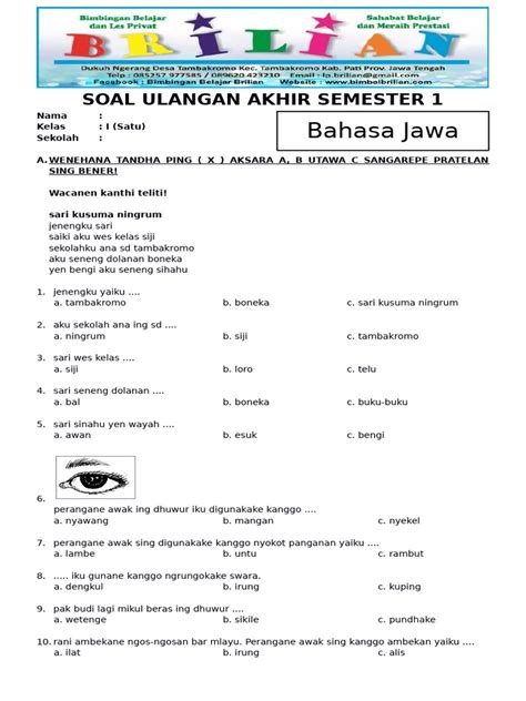 Soal Uas Bahasa Jawa Kelas 1 Sd Semester 1 Ganjil Dan Kunci Jawabannya Pdf