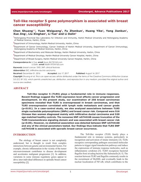 Pdf Toll Like Receptor 5 Gene Polymorphism Is Associated With Breast Cancer Susceptibility