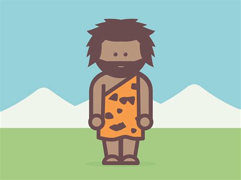 an illustration of a caveman standing in the grass with mountains in ...