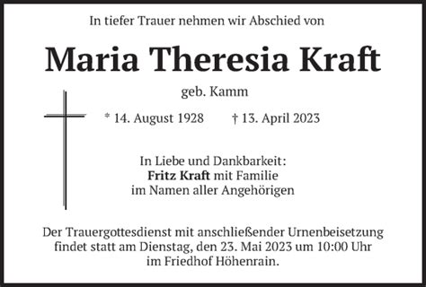 Traueranzeigen Von Maria Theresia Kraft Trauer Merkur De