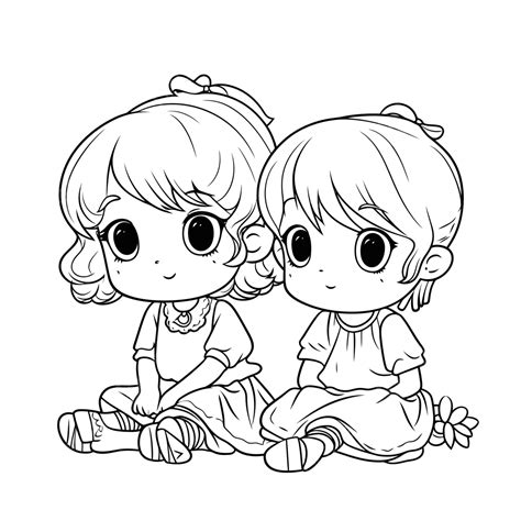 Two Girls Sitting Down Coloring Pages Outline Sketch Drawing Vector