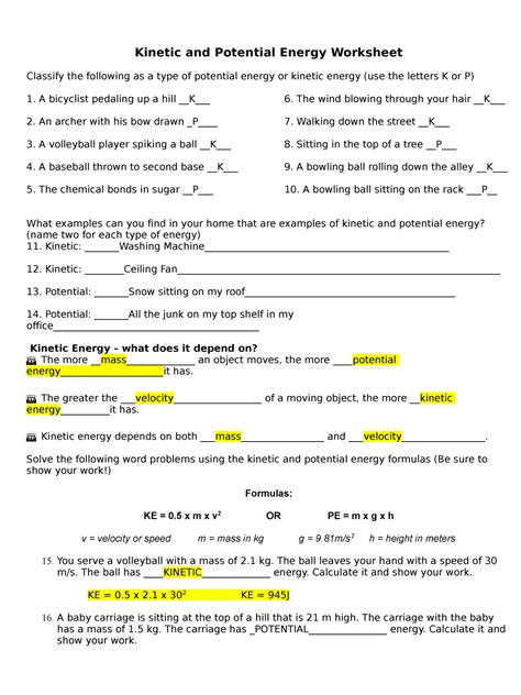 Kinetic And Potential Energy Worksheet Answer Keyk O Kinetic And Worksheets Library