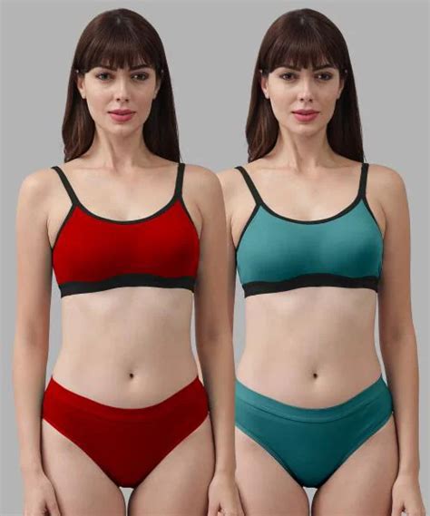 Buy PIBU Women Cotton Bra Panty Set For Lingerie Set Pack Of 2 Color Red Green Online