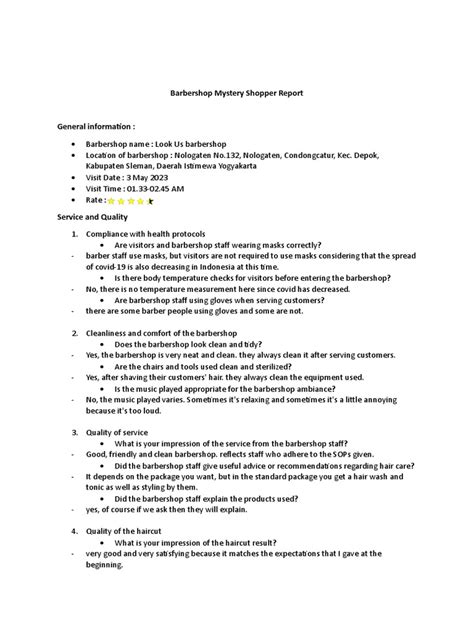 Barbershop Mystery Shopper Report Pdf Hairstyle Human Hair