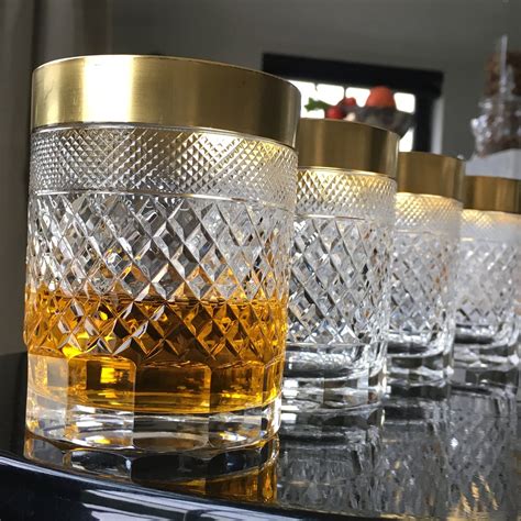 4x Crystal Whisky Glasses 24 Kt Gold Rim Diamond Waffle Cut Bar Cart