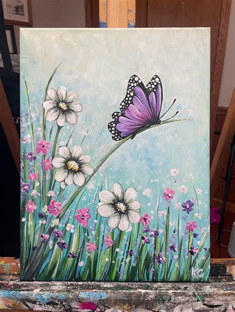 A Painting Of A Purple Butterfly Flying Over Daisies On A Blue Sky With