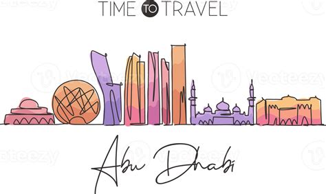 One single line drawing Abu Dhabi city skyline, United Arab Emirates. Historical landscape home ...